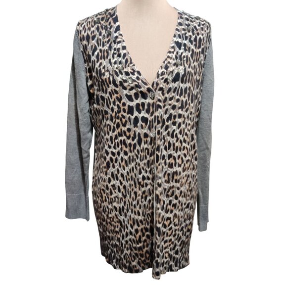Chicos 1 M Leopard Print Cardigan Long Sleeve Rhinestone Button Embellished Knit - Picture 1 of 12